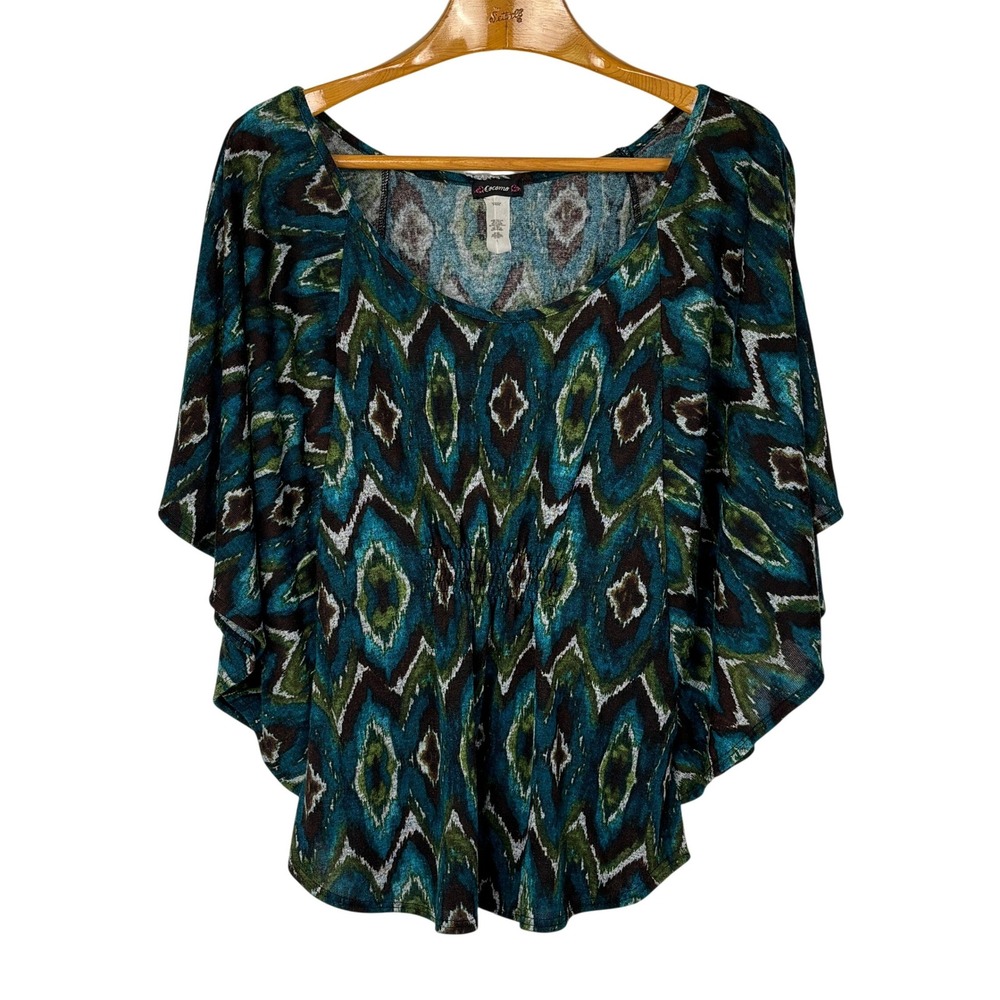 Cocomo Womens Batwing Dolman Sleeve Top Blue Green Ikat Geometric Stretch Blouse